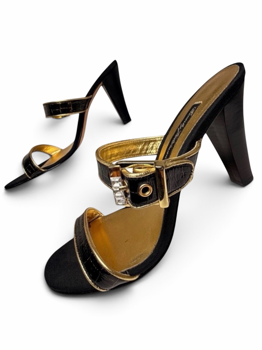 Beverly Feldman Black Gold Rhinestone Buckle Mule Heels Y2K 8.5